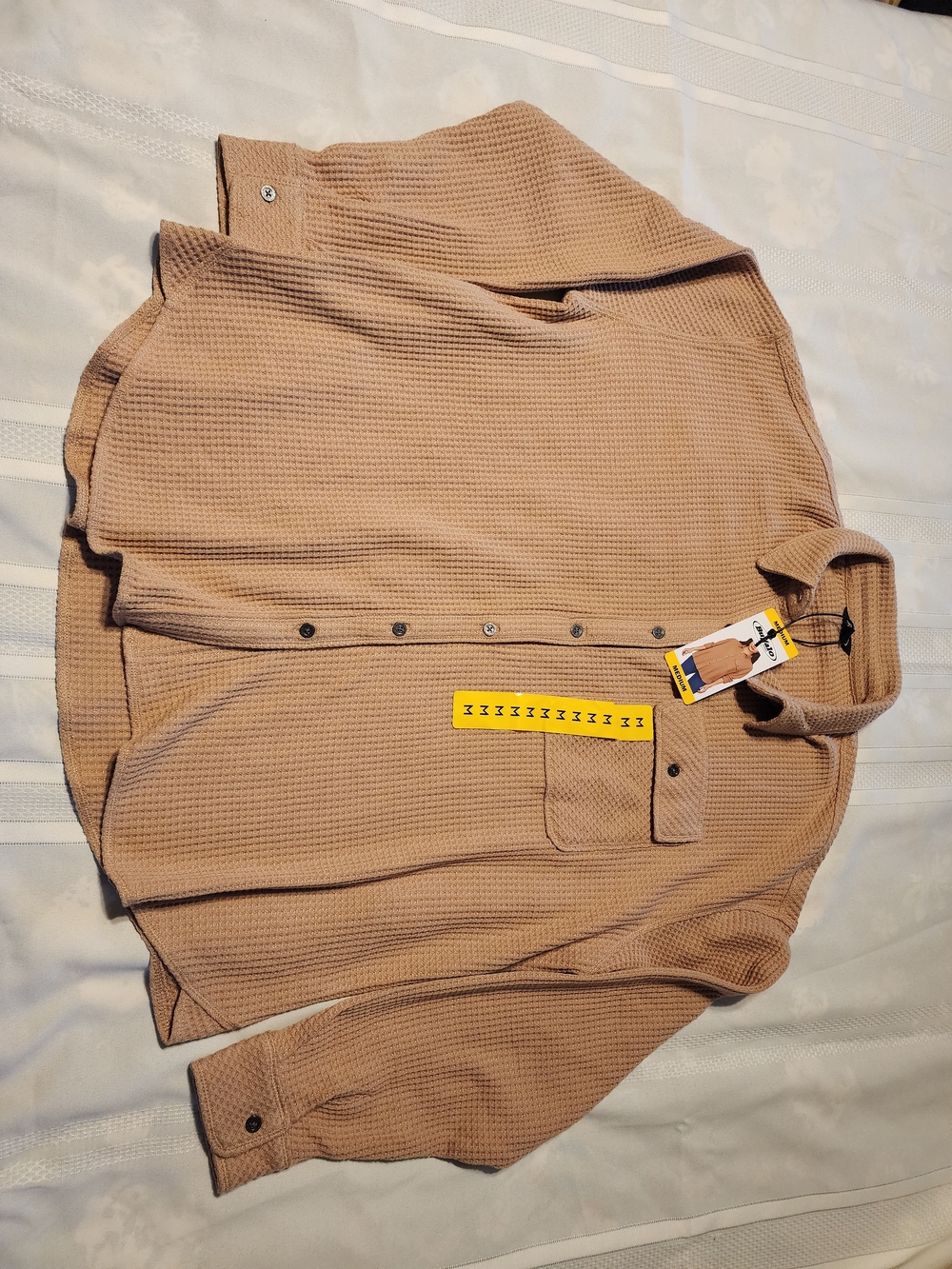 Waffle-Knit Button-Down Shirt in Light Brown